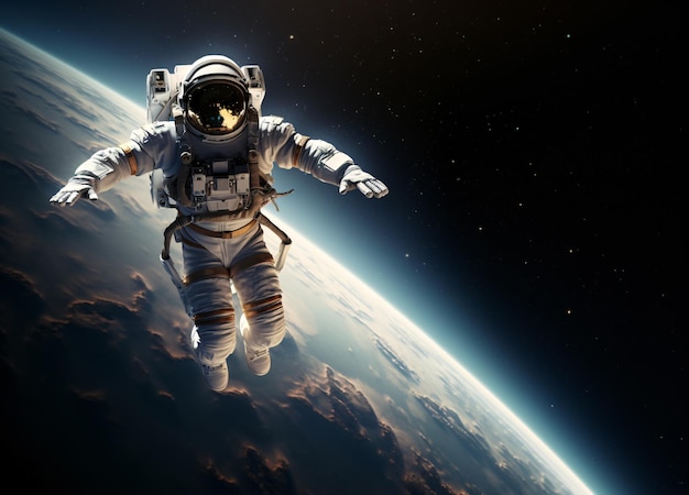 Astronautas de alta tecnologia no espaço galáctico caminham no espaço