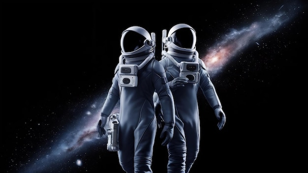 Astronautas em trajes espaciais em fundo preto
