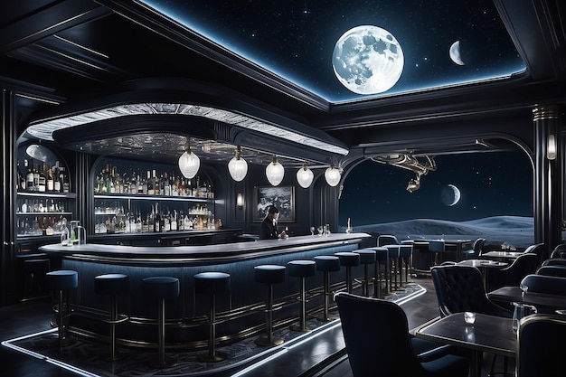 Foto astronautas em um bar na lua em estilo art déco de alto contraste iluminação céu escuro