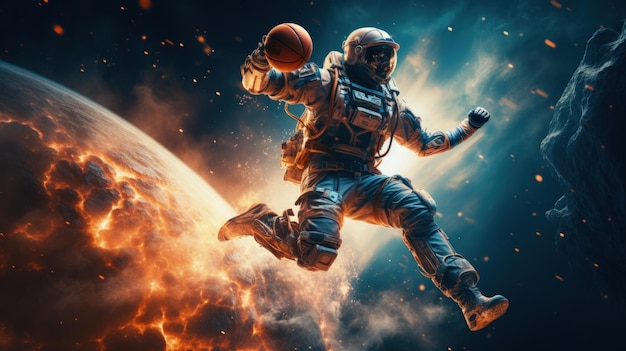 Astronautas jugando baloncesto en gravedad cero IA generativa