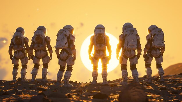 Foto astronautas en marte un grupo de astronautas en trajes espaciales de pie en la superficie de marte mirando el sol