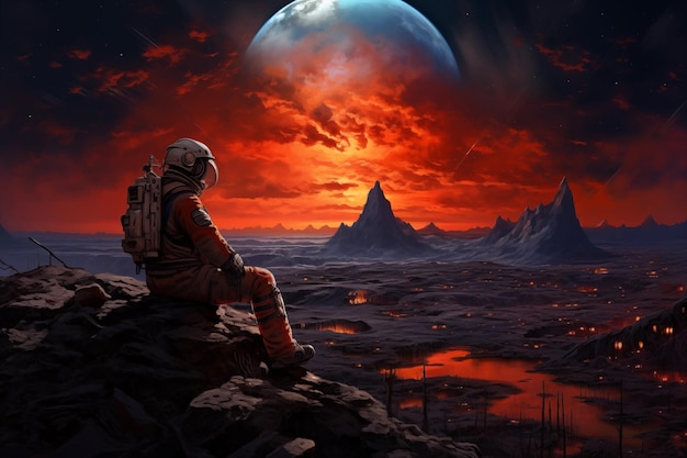Astronautas en Marte viajeros espaciales explorando el paisaje rojo en el mundo rojo por IA generativa