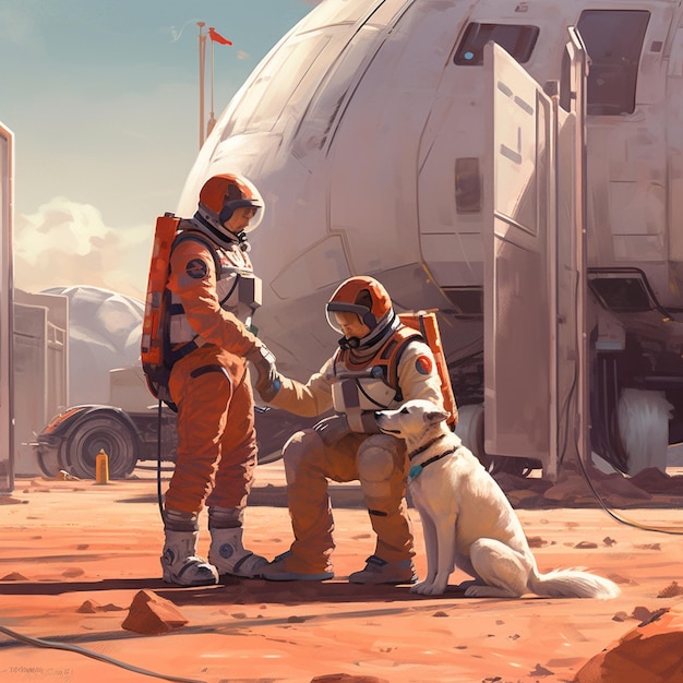 Astronautas y un perro en un área desértica con una estación espacial generativa ai