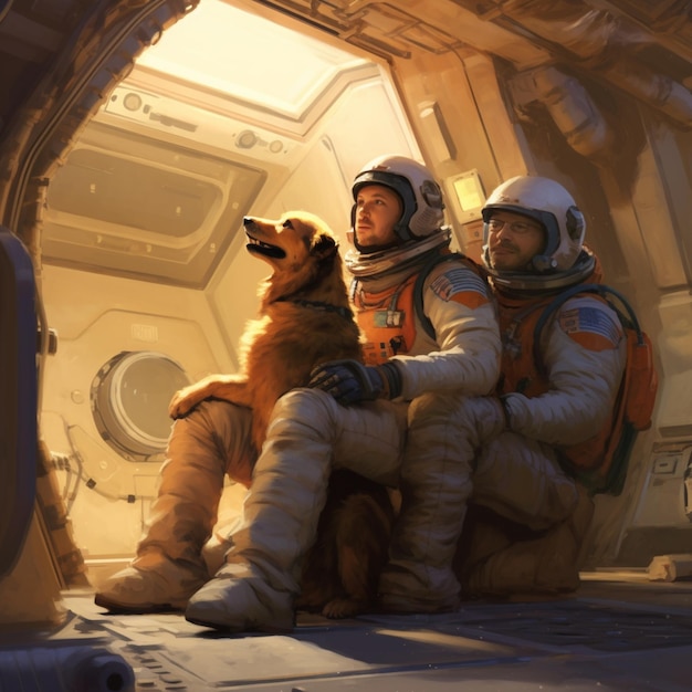 Astronautas y un perro en una estación espacial