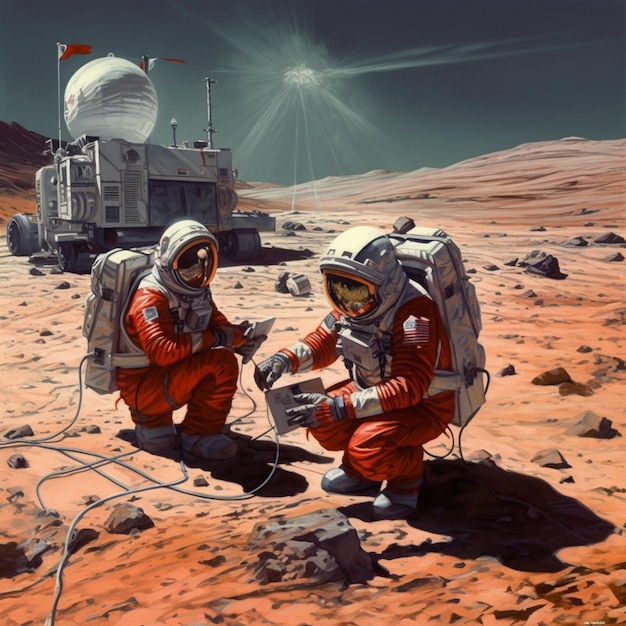 Astronautas en la superficie de un desierto con un satélite en el fondo