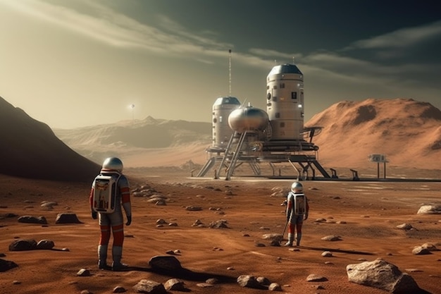 Astronautas con trajes espaciales caminando sobre el planeta rojo IA generativa