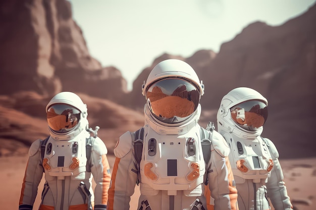Astronautas vestindo traje espacial caminhando sobre a superfície de um planeta vermelho Marte Conceito de colonização de Marte AI