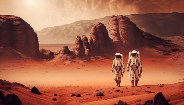 Astronauten auf Marsraumfahrern, die auf dem roten Planeten spazieren.
