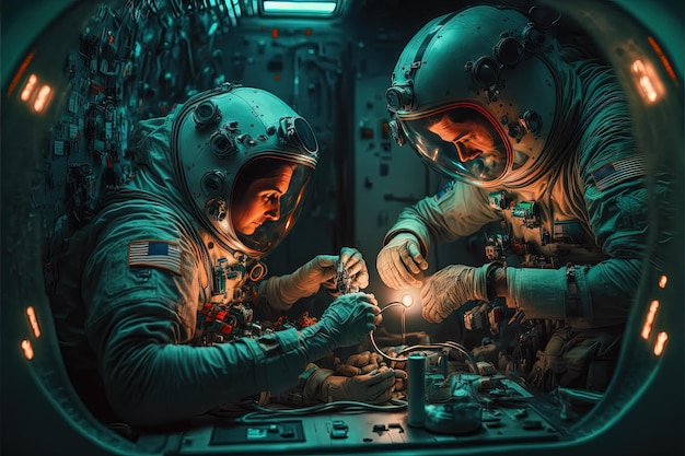 Astronauten, die im Weltraum an futuristischer Technologie der Raumstation arbeiten Generative KI Generative KI
