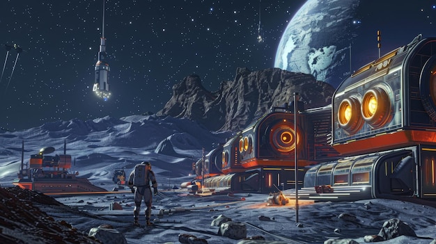Astronauten erkunden die Mondbasis in der Nacht mit der Erde im Hintergrund