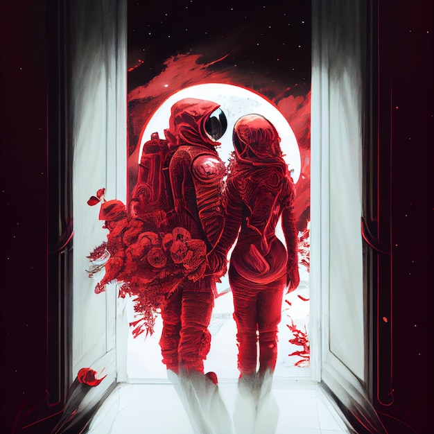 Astronauten in einem roten Raumanzug stehen in einer Tür mit einem roten Lichtgenerator ai