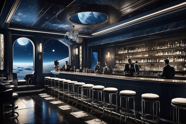 Astronauten in einer Bar auf dem Mond im Art-Deco-Stil, hohe Kontrastbeleuchtung, dunkler Himmel