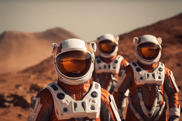 Astronauten in Raumanzügen, die auf einer Oberfläche eines roten Planeten Mars laufen Mars-Kolonisierungskonzept AI