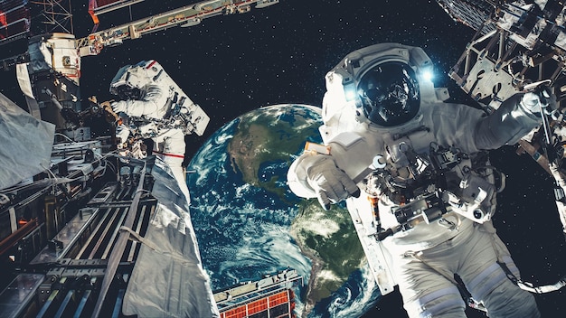 Astronauten-Raumfahrer machen einen Weltraumspaziergang, während sie für die Raumfahrtmission arbeiten