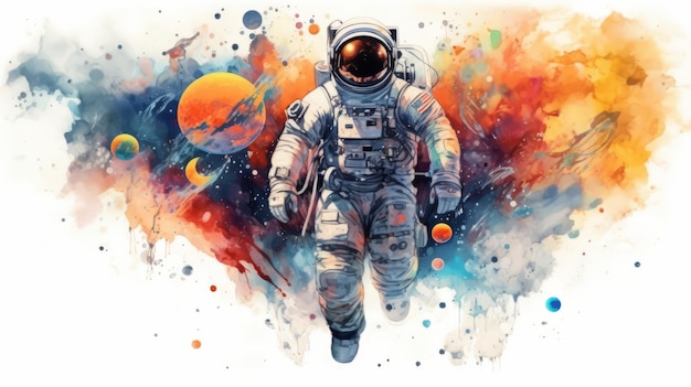 Astronauten- und Universumsplaneten Aquarell weißer Hintergrund Generative KI