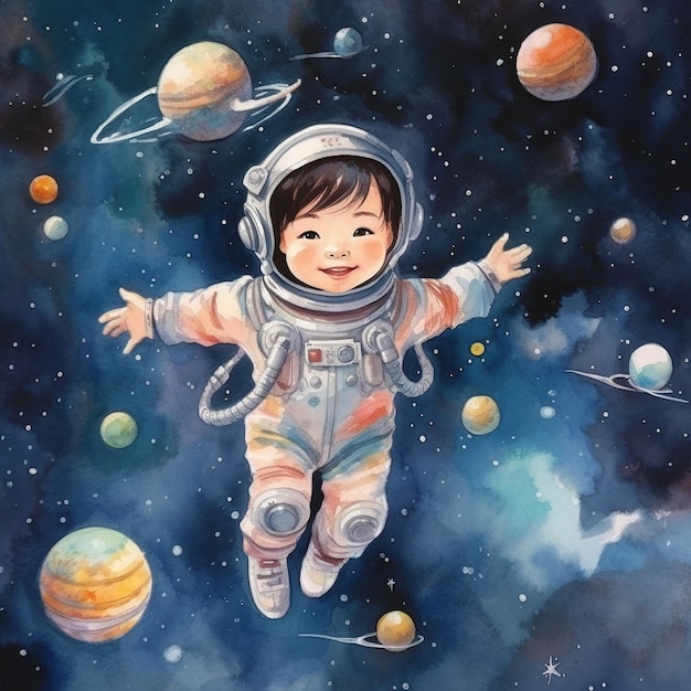 Astronautenkind in farbenfroher Weltraumillustration