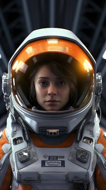 Astronautin in einem orangefarbenen Astronautenanzug vor einer Raumfahrtszenen im Hintergrund