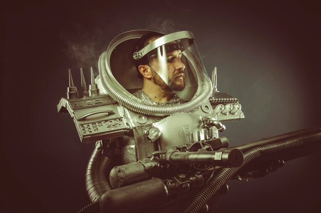 Astronomía, astronauta con pistola de plasma y casco de cristal.