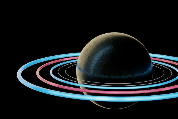 astronomia. planeta com anéis no espaço. uma bola escura com anéis multicoloridos iluminados por neon ao redor