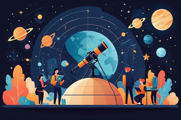 Astronomie-Studiengänge Studenten mit Planetarium-Projektionsvektorkunst