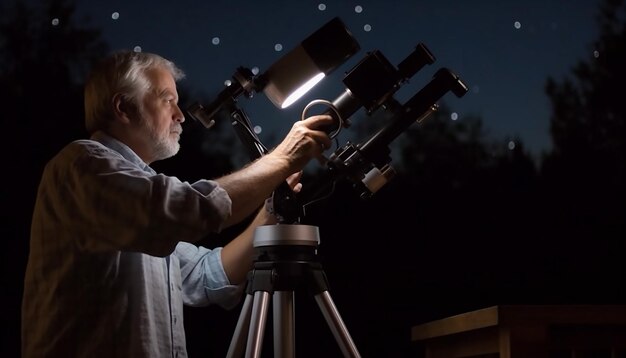 Foto astrônomo aponta habilmente telescópio fotografando a via láctea em noite escura gerada por ia