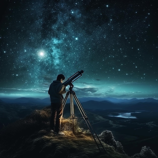 Astrónomo frente al telescopio mirando al cielo por la noche