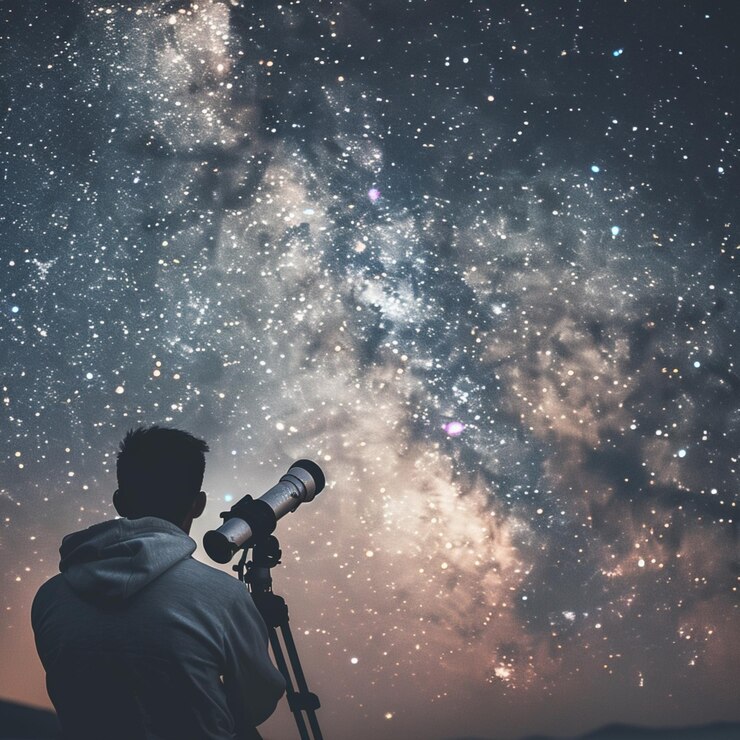 Astrónomo con el telescopio de la Vía Láctea