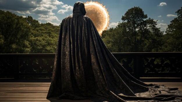 Astrônomo vestido com roupão observando o eclipse solar o manto transformado em tapeçaria celeste