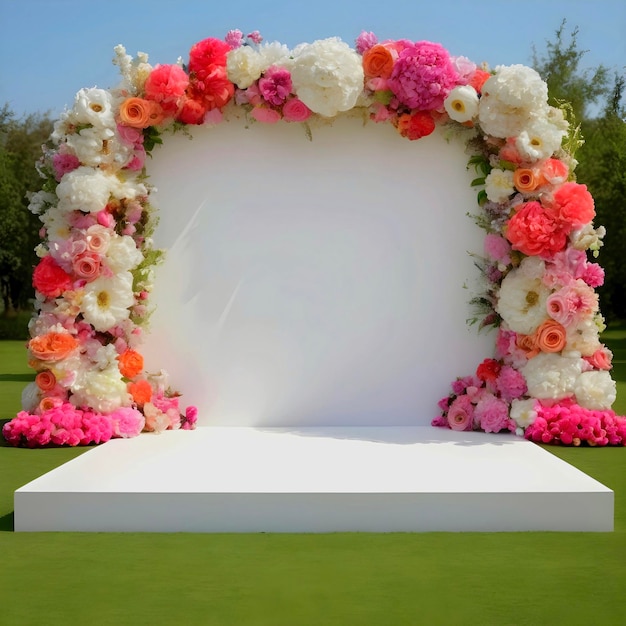 Asunto de jardín etéreo escenario de boda blanco adornado con flores vibrantes fondo de presentación