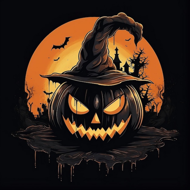 Asustadizo Jack O Lantern en fondo negro con luna llena Halloween personaje de calabaza espeluznante