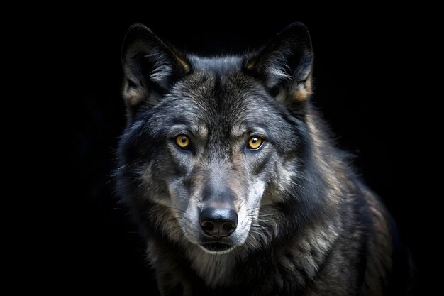 Asustadizo lobo gris oscuro Canis lupus contacto visual directo en la oscuridad mirando a la cámara sobre un fondo negro