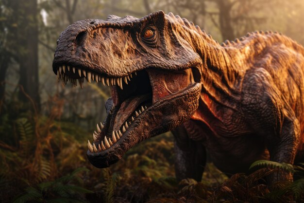 Asustadizo Tyrannosaurus rex Dinosaurio rugiendo en las llanuras prehistóricas Dentes afilados IA generativa