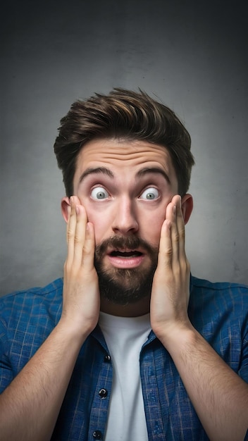 Asustado joven barbudo tiene los ojos salidos toca las mejillas teniendo miedo de la pelea entre fri