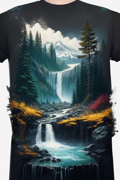 at - Shirt mit Wasserfall auf der Vorderseite.