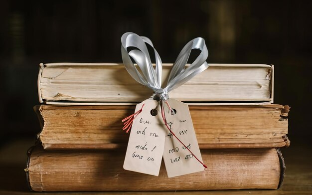 Foto atadas com fitas de cetim, as cartas de amor descansam entre livros antigos e desgastados.