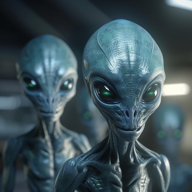 Ataque alienígena ou abdução ou em um visitante de nave espacial OVNI ou mundo ou universo assustador com tecnologia de invasão e marcianos Um close-up ou retrato de alienígenas para efeitos especiais e estranhos de terror