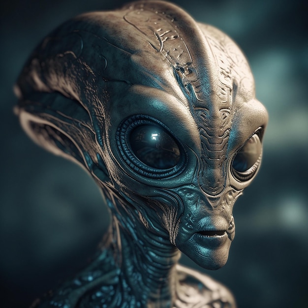 Ataque alienígena ou abdução ou em um visitante de nave espacial OVNI ou mundo ou universo assustador com tecnologia de invasão e marcianos Um close-up ou retrato de alienígenas para efeitos especiais e estranhos de terror