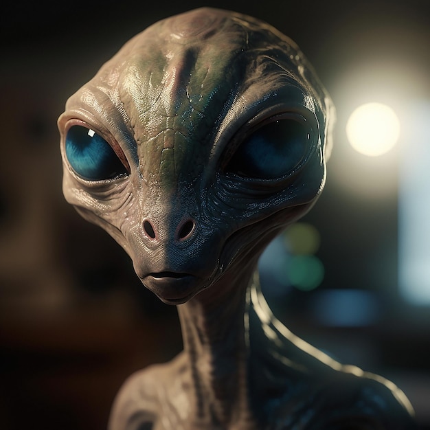 Ataque alienígena ou abdução ou em um visitante de nave espacial OVNI ou mundo ou universo assustador com tecnologia de invasão e marcianos Um close-up ou retrato de alienígenas para efeitos especiais e estranhos de terror