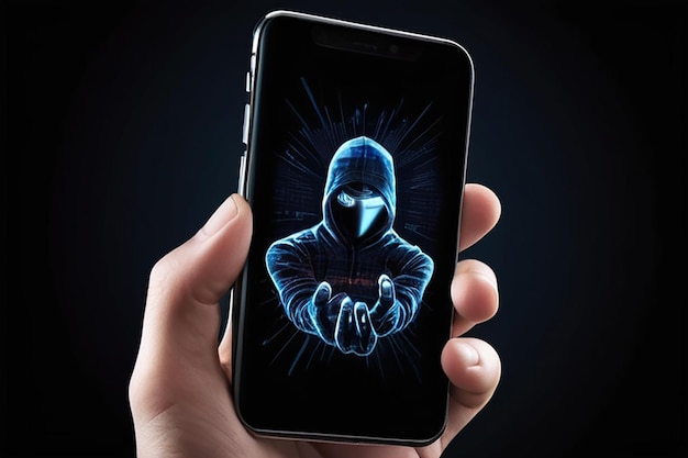 Foto ataque cibernético hacker smartphone internet web hack tecnologia telefone móvel digital em hacker homem mão isolado em preto