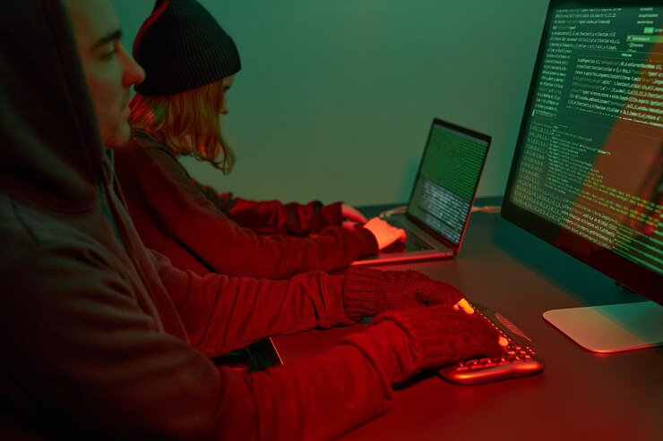 Foto ataque cibernético piratas informáticos rompiendo la seguridad personas anónimas acceden a datos sensibles codificación de la guerra cibernética
