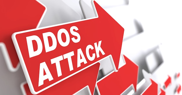 Ataque DDOS. Concepto de información. Flecha roja con el lema "DDOS Attack"