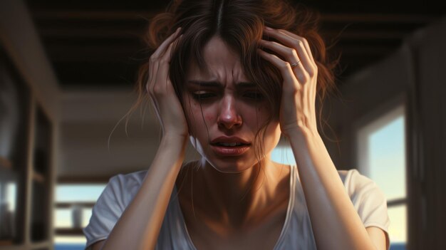 Foto ataque de enxaqueca dor sinusal mulher aposentada infeliz segurando a cabeça com expressão de dor