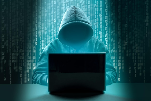 Ataque de hacker Hacker com capuz perigoso invade servidores de dados do governo Hacker de computador de segurança cibernética com capuz Hacking e conceito de malware fundo binário escuro