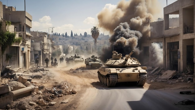 Ataque de tanque de guerra IsraelPalestina nas ruas da Palestina