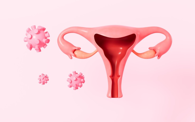 Foto ataque de vírus útero infecção por hpv sistema reprodutivo feminino renderização 3d ilustração 3d
