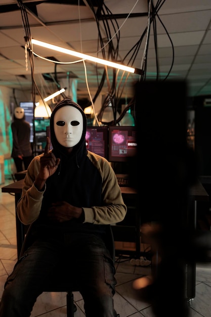 Ataque de ransomware, delito cibernético, fraude en Internet, estafador que graba vídeo de amenaza en un teléfono inteligente y pide dinero a la víctima. Anonymous enmascarado roba información en línea y envía software malicioso