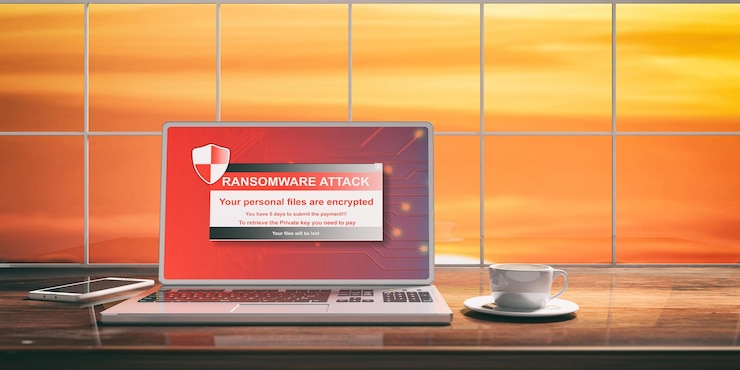 Foto ataque de ransomware en una pantalla de computadora portátil ilustración 3d de fondo de puesta de sol borrosa