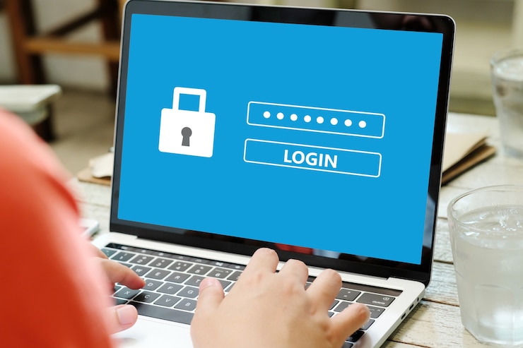 Foto atar la computadora portátil con contraseña de inicio de sesión en la pantalla, concepto de seguridad cibernética