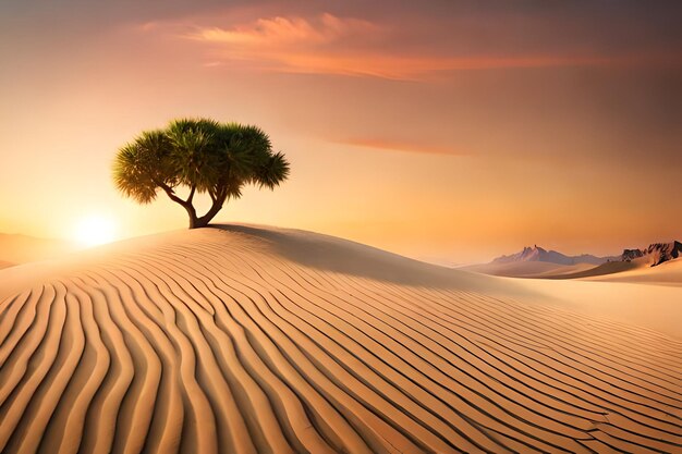 Un atardecer con un árbol en la arena.