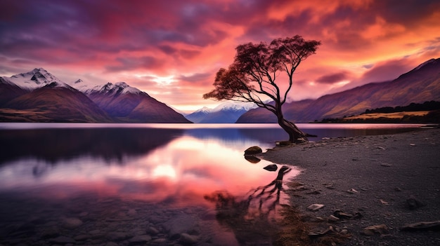 Foto un atardecer con un árbol y montañas al fondo